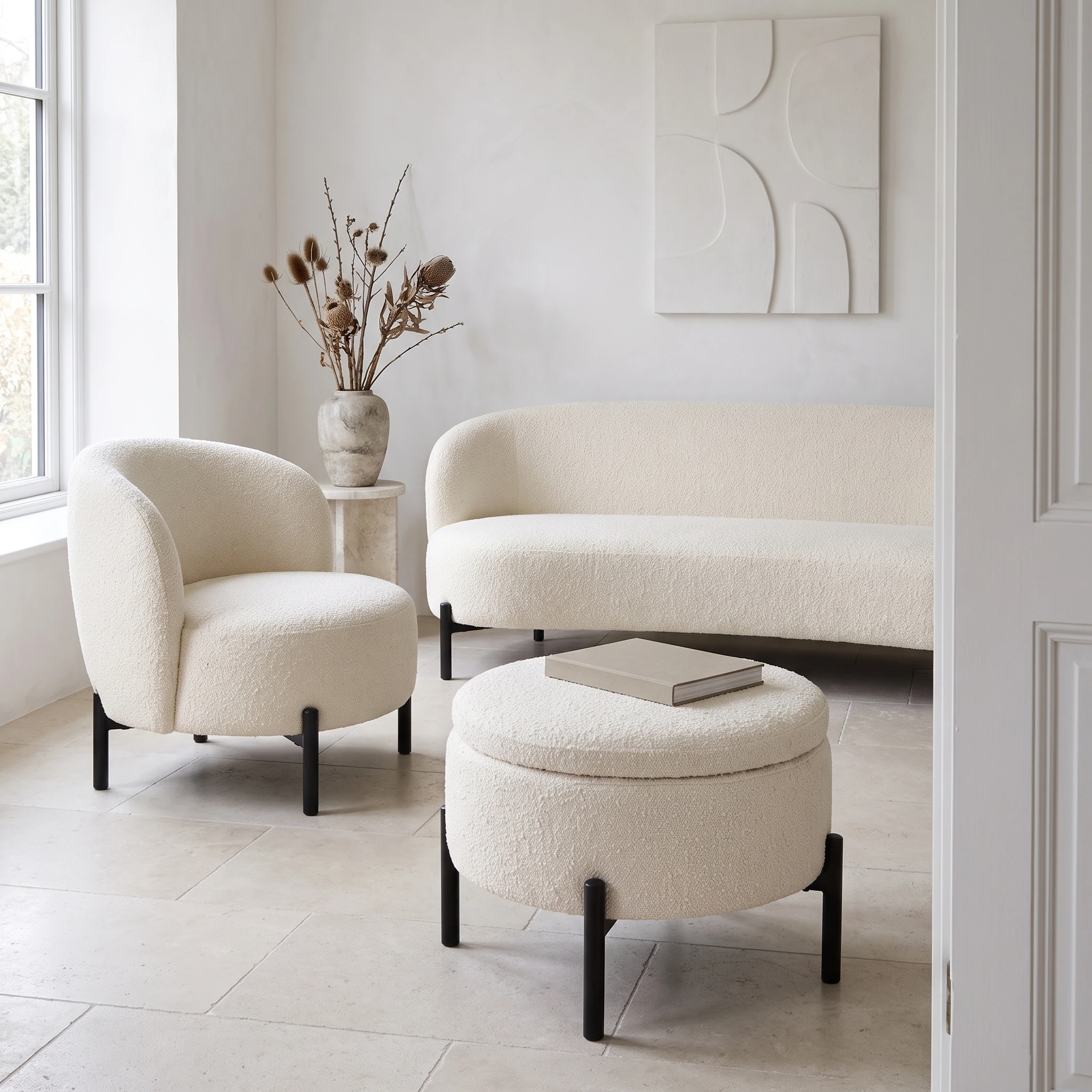 Alania Pouf, Cream Boucle